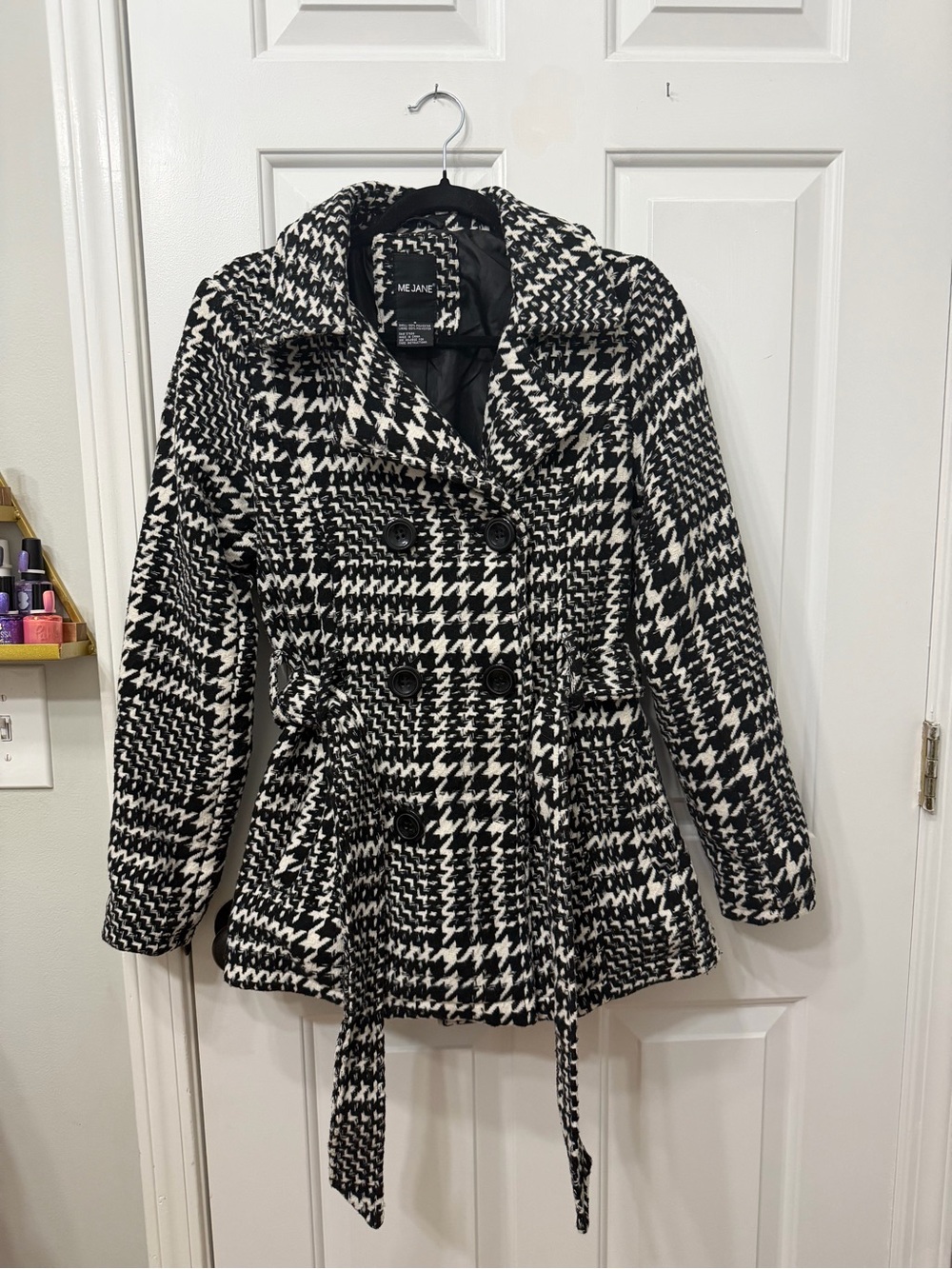 Me Jane Black and White Houndstooth Double-Breasted Peacoat